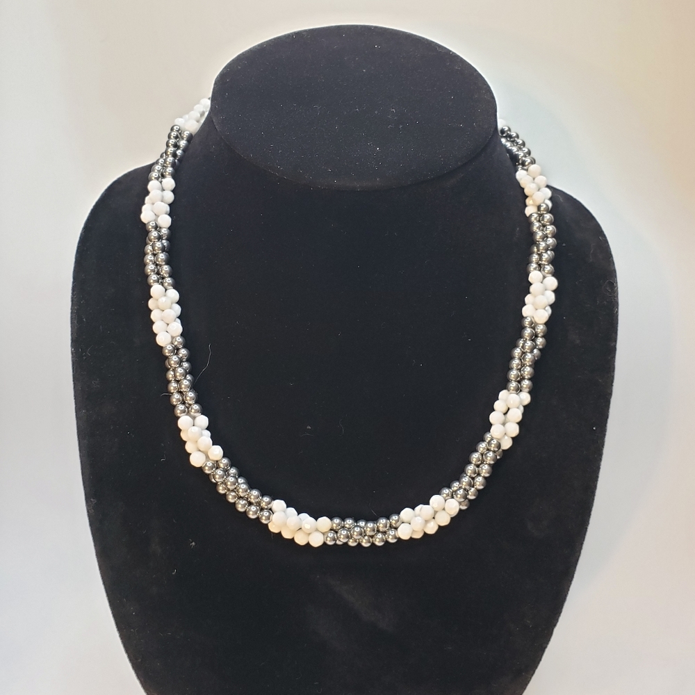White and Silver Twisted Bead Necklace